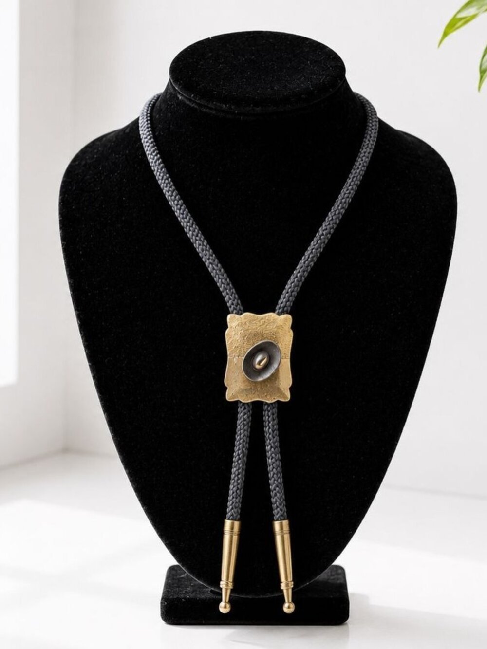 Vintage Western Bolo Tie With Brass Metal Slide & Black Braided Cord